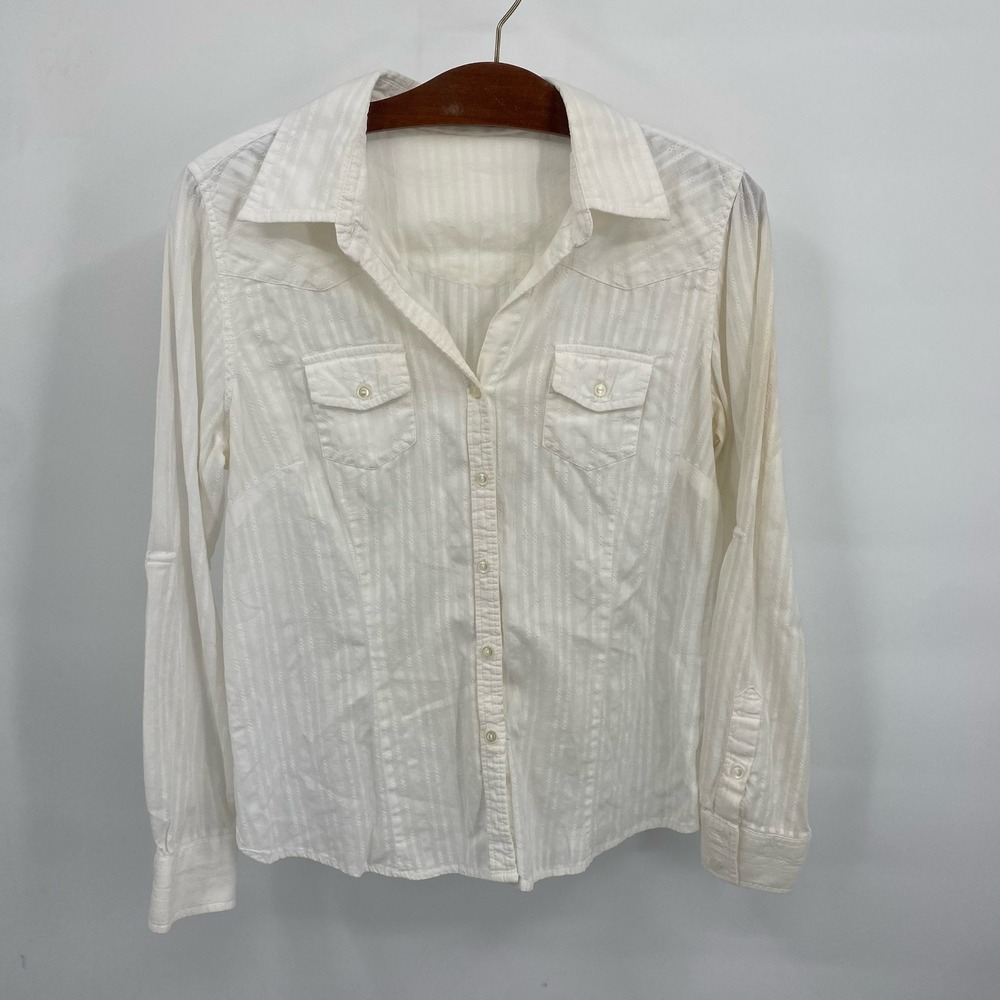 IZOD Womens M Long Sleeve Button Up Textured Stripe Ivory Button Up Shirt READ